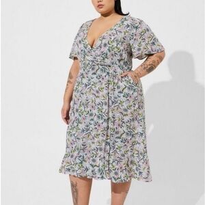 Torrid Midi Swiss Dot Floral Flutter Sleeve Wrap Dress Sz 10 Romantic Feminine